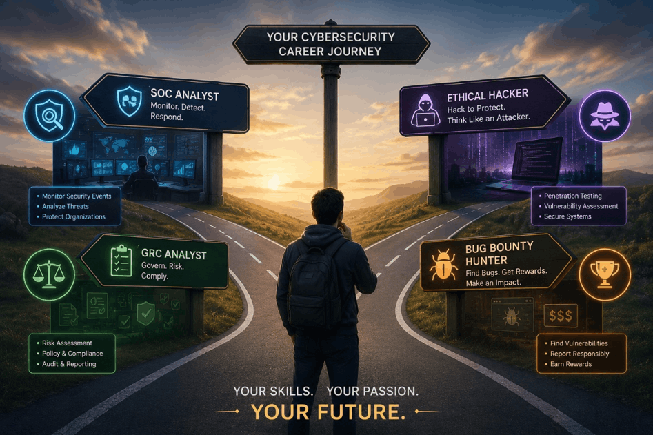 A student at crossroads looking at various cyber security career paths
